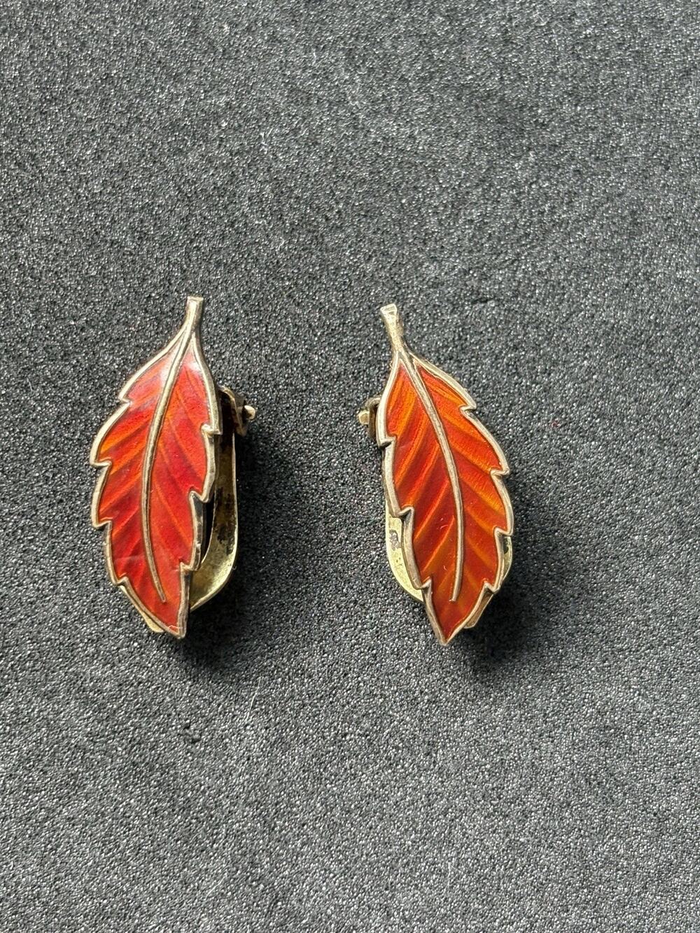 Vintage Sterling Silver Gilt Norway Magnus Aase Sighed Leaf Red Enamel Earrings